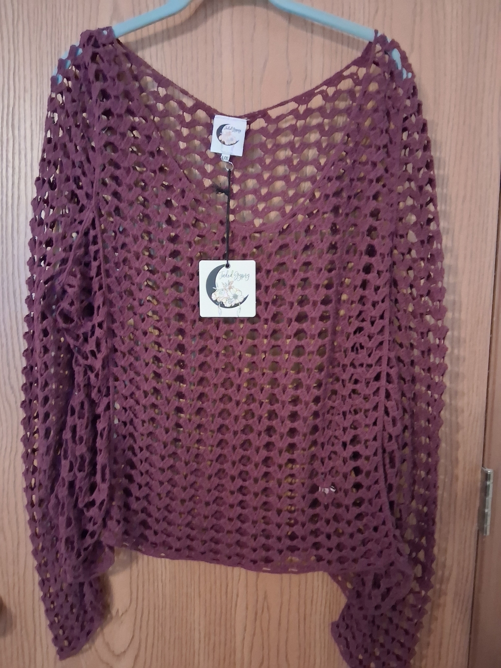 JADED GYPSY Crochet Open-Knit Tunic Sweater - Plum sz L/XL